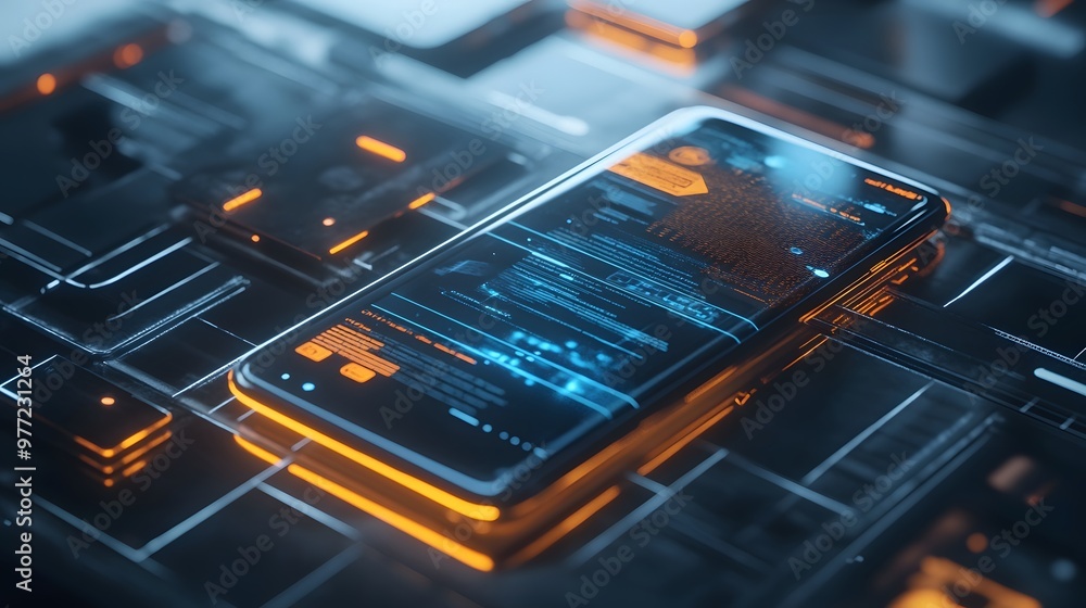 Poster futuristic smartphone with glowing interface on abstract background