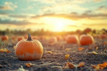 Autumn field with pumpkins, rural landscape. Fall harvest of vegetables in the garden. Halloween or thanksgiving
