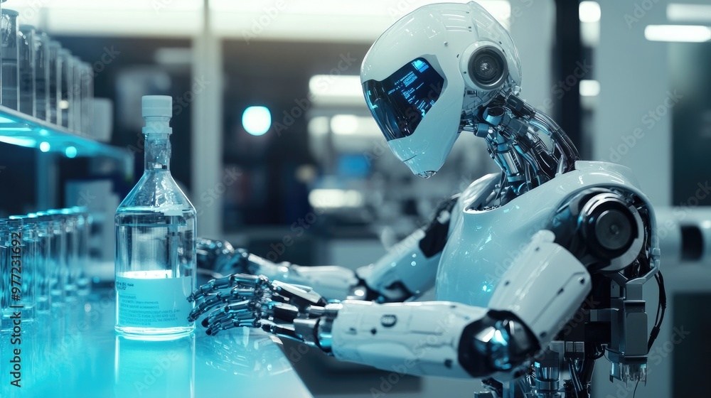 Poster a futuristic robot operates in a lab with a bottle of liquid in front of it, symbolizing advanced sc