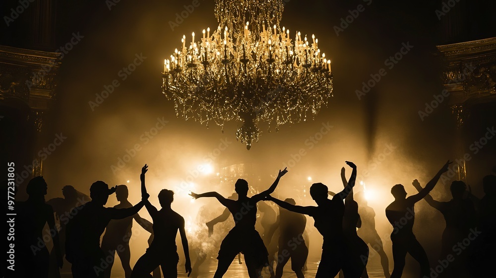 Canvas Prints Silhouettes of dancers performing under a grand chandelier in a dark, atmospheric setting