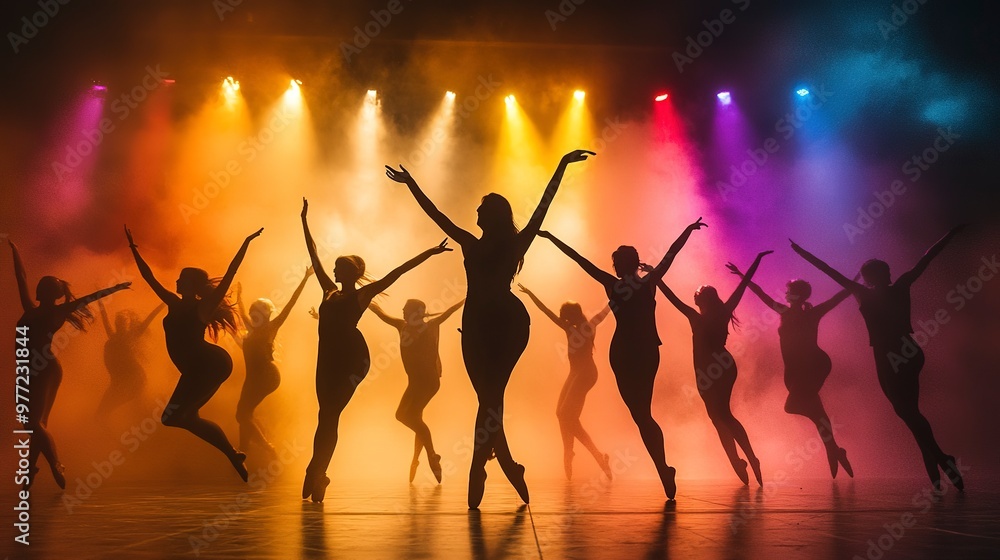Poster silhouetted dancers are dynamically posed amidst vibrant lights and fog, creating a captivating and 