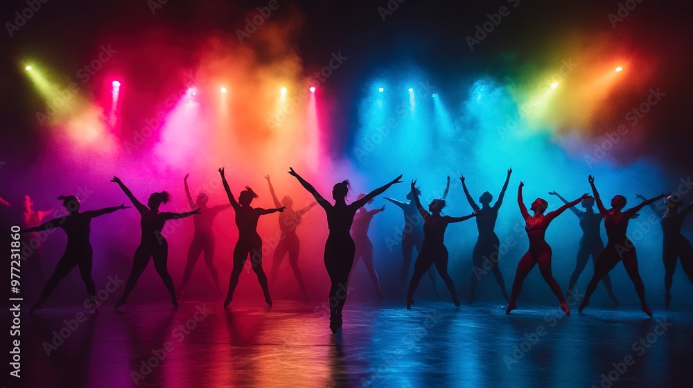 Poster silhouetted dancers are dynamically posed amidst vibrant lights and fog, creating a captivating and 
