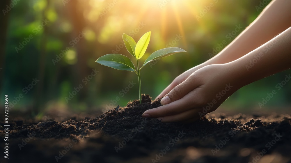 Poster a close-up of hands gently placing a young sapling into the soil, with soft sunlight streaming throu