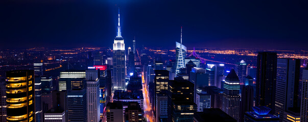 Nighttime skyline view of New York City with bright lights and iconic buildings