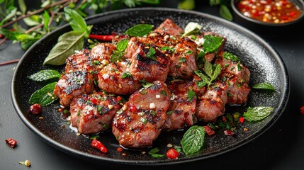 Fototapeta premium Thai Style Grilled Pork (Moo Pad Krapow) with Herbs and Spices on Grey Background