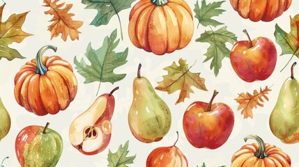 Vibrant watercolor illustration featuring pumpkins, apples, pears, and leaves, perfect for autumn-themed designs.