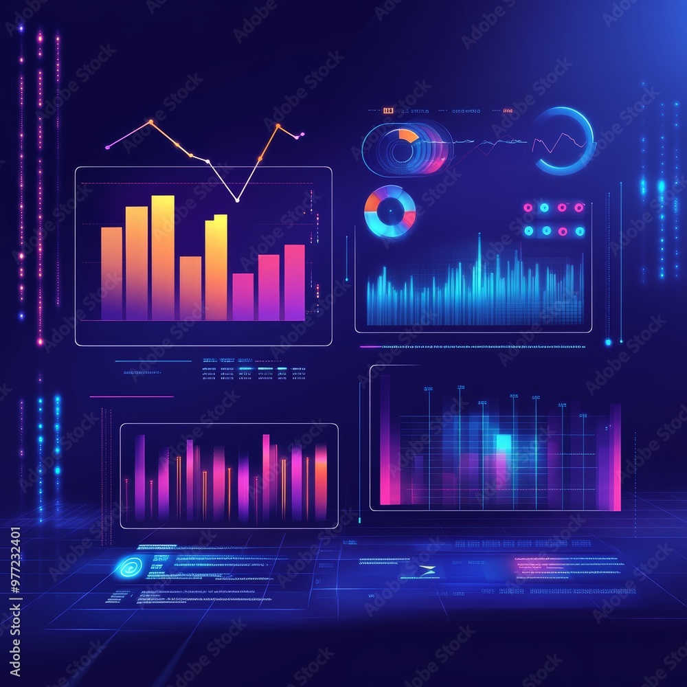 Poster colorful digital dashboard with graphs and charts, representing data analysis and technology innovat