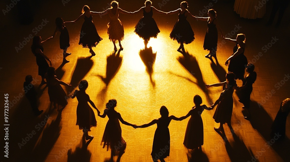 Wall mural Silhouette of Dancers in a Circle on Dance Floor 