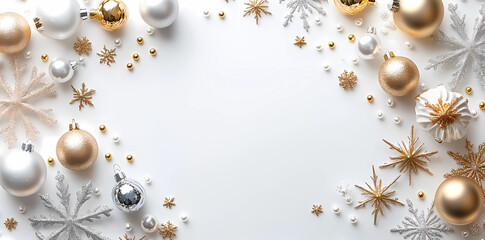 A festive Christmas background with golden and silver decorations, including white beads and ornaments on the right side of the picture