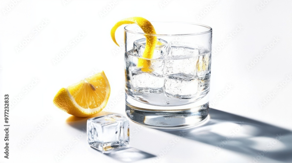 Poster a glass of vodka with ice cubes and a lemon twist, isolated on a white background with soft lighting