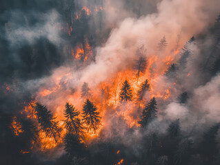 Aerial Drone View of Massive Forest Fire with Thick Smoke

