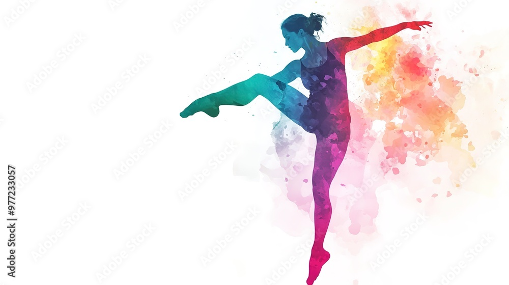 Poster double exposure silhouette of a dancer in a dynamic pose abstract watercolor patterns in soft pastel