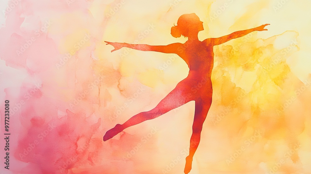 Poster double exposure silhouette of a dancer in a dynamic pose abstract watercolor patterns in soft pastel