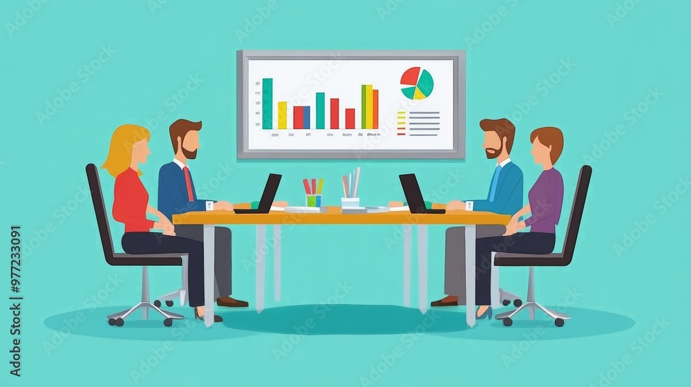 Aufkleber a professional team engaged in a productive meeting, analyzing data on a digital screen with graphs 