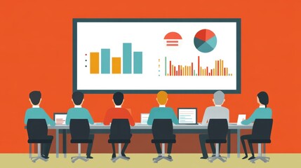 A team collaborates in a modern office, analyzing data on charts and graphs displayed on a large screen for strategic planning.