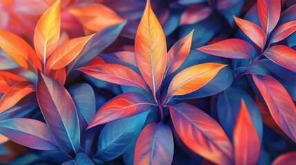 Vibrant Autumn Leaves in Orange and Blue Tones Watercolor Background