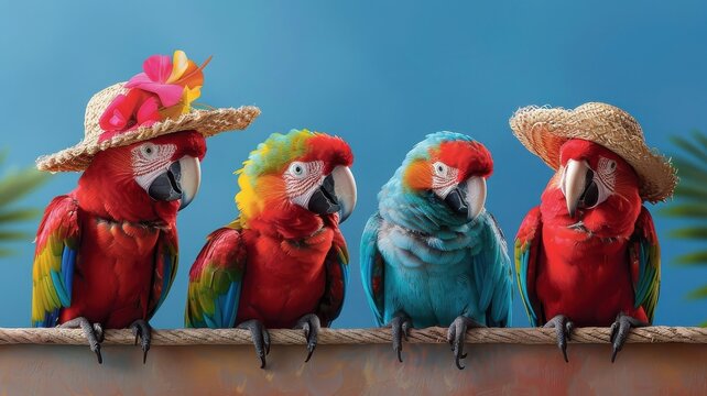 Playful parrots in colorful outfits squawking with delight, perfect for party invitations.