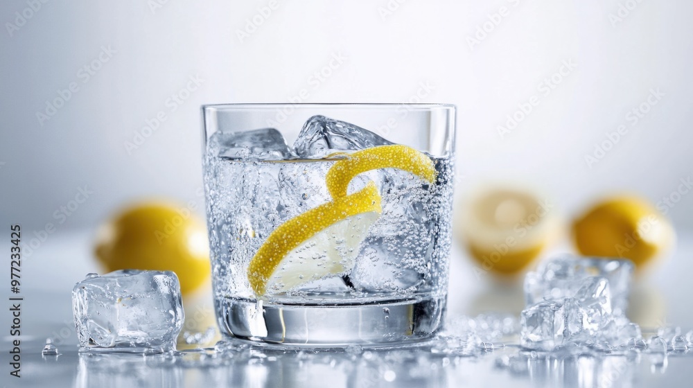 Poster a glass of vodka with ice cubes and a lemon twist, isolated on a white background with soft lighting