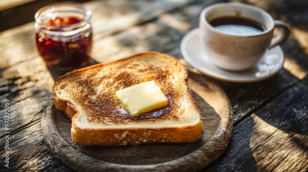 Poster A close-up of perfectly golden toast with butter melting on top, placed on a rustic wooden table alongside a cup of coffee and a small jar of jam.