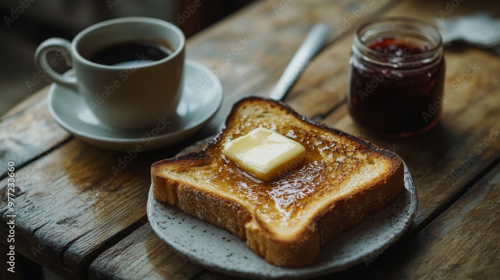 Aufkleber a close-up of perfectly golden toast with butter melting on top, placed on a rustic wooden table alo