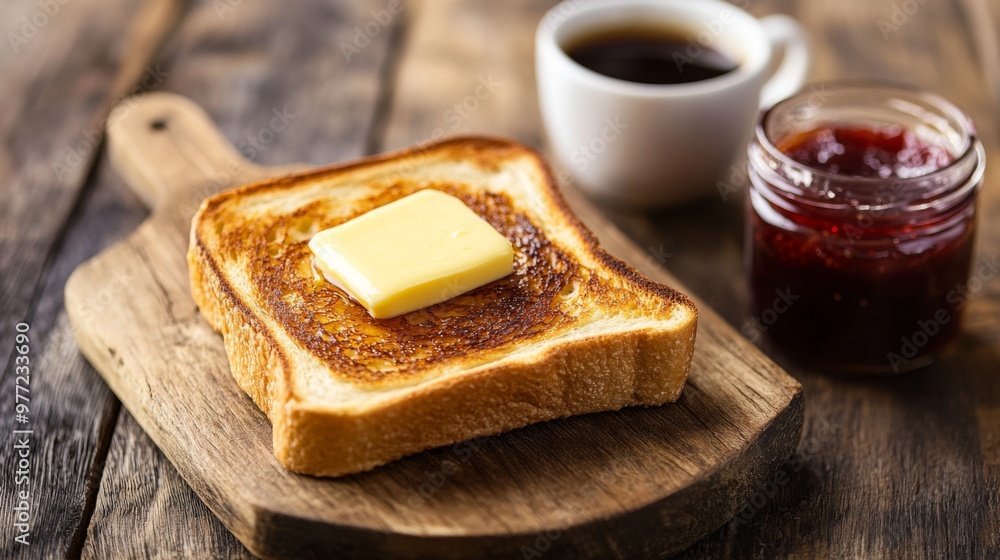 Poster A close-up of perfectly golden toast with butter melting on top, placed on a rustic wooden table alongside a cup of coffee and a small jar of jam.