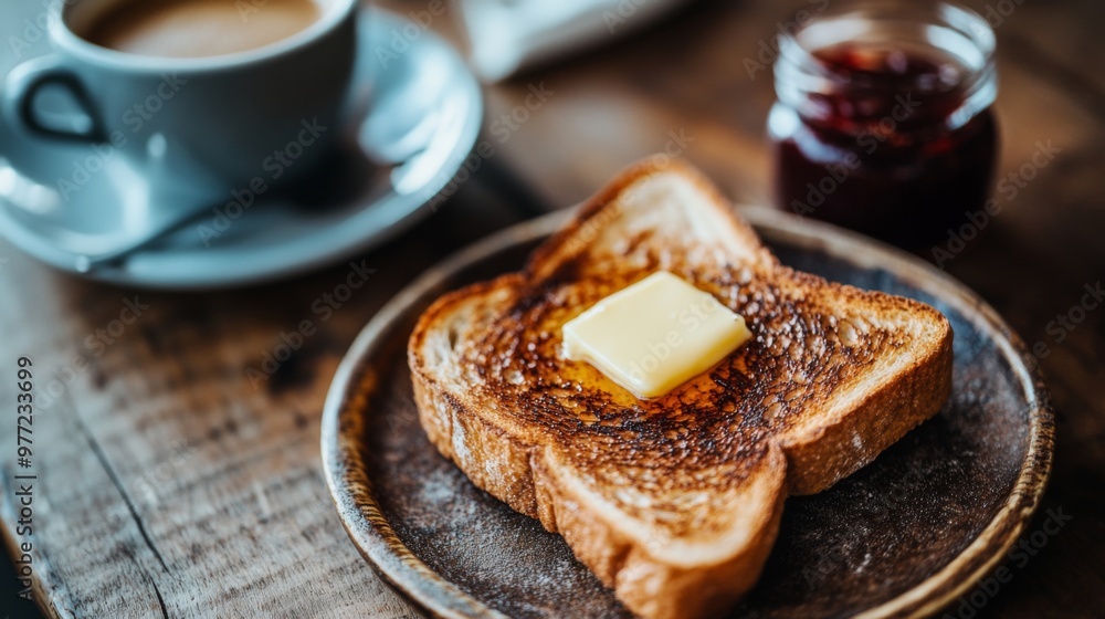 Poster A close-up of perfectly golden toast with butter melting on top, placed on a rustic wooden table alongside a cup of coffee and a small jar of jam.