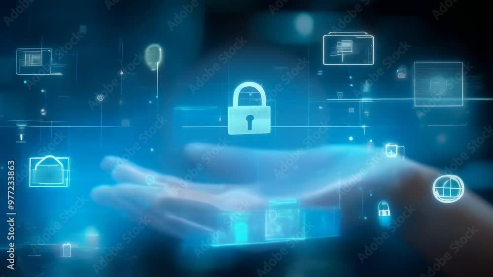 Aufkleber Floating digital lock icons over an open hand, representing secure data access in a business environment.