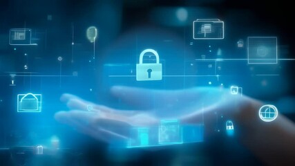 Floating digital lock icons over an open hand, representing secure data access in a business environment.
