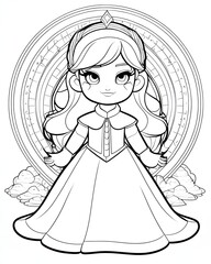 A drawing of a princess in a white dress with a cloud in the background.