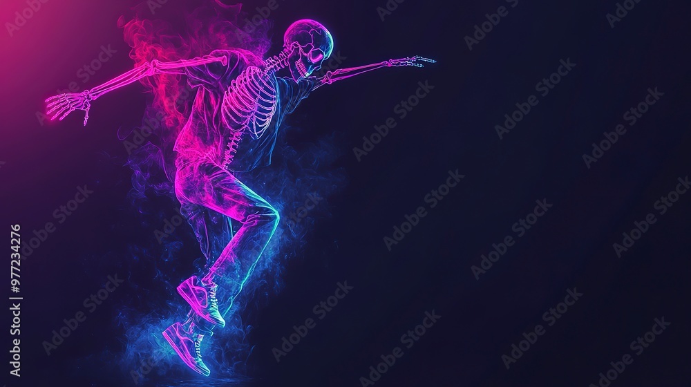 Wall mural a skeleton silhouette of a street dancer in neon colors on a black background,a place for text,the concept of advertising dance events,posters and banners,graphic design,social media