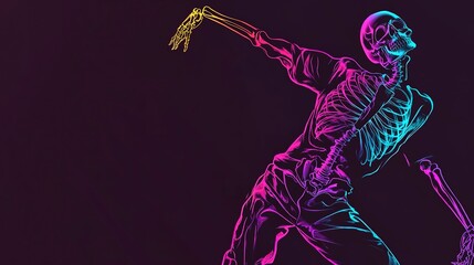 a skeleton silhouette of a street dancer in neon colors on a black background,a place for text,the concept of advertising dance events,posters and banners,graphic design,social media