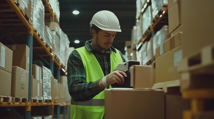 a warehouse worker in a neon green safety vest and white helmet, using a scanner to process boxes