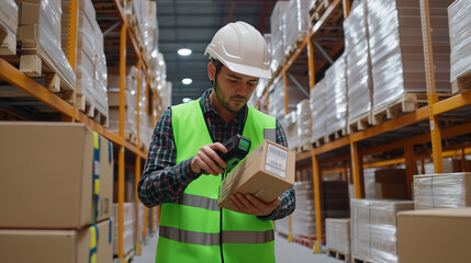 a warehouse employee wearing a bright neon green vest and a white helmet, actively scanning boxes with a scanner