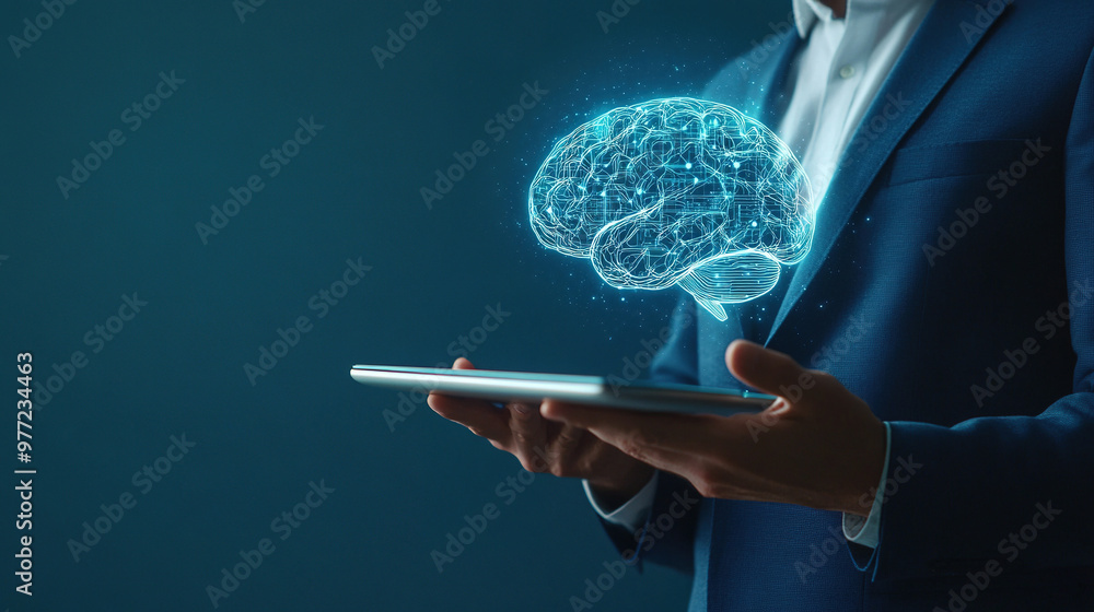 Poster technology and innovation concept. artificial intelligence and neural networks. hand holding a digit