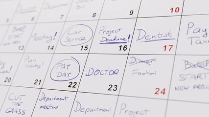 Calendar of a busy businessman full of many events and meetings.