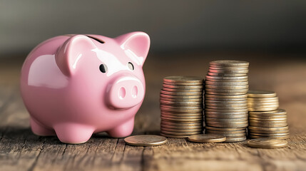 a pink piggy bank placed on a wooden table next to a stack of coins arranged in a pyramid shape