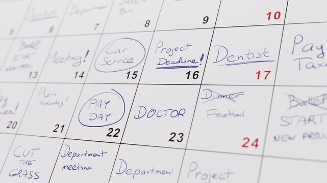 Calendar of a busy businessman full of many events and meetings.