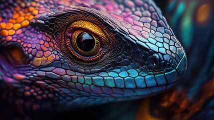 Naklejka premium Striking animal with shimmering scales in vivid colors, glowing eyes, and sharp features, close-up of intricate patterns and textures.