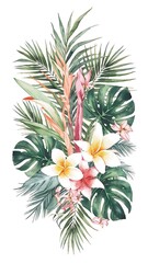 Fototapeta premium Strelitzia, plumeria, monstera, palm leaf. Watercolor Hand drawn botanical illustrations composition. Isolated on white background. Summer beach print. For design, textiles, wear