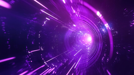 An abstract bright purple tunnel filled with flying lines of energy particles and radiant light rays