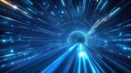 An abstract bright blue tunnel with flying lines of energy particles and radiant light rays
