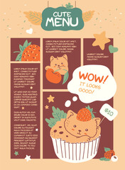 Vector illustration of a cafe menu with a cute kawaii cat in a cupcake and space for text.