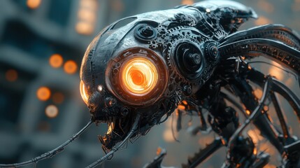 Close-up of a mechanical alien creature with exposed gears and wires, neon accents glowing, in a steampunk sketch style with high detail.