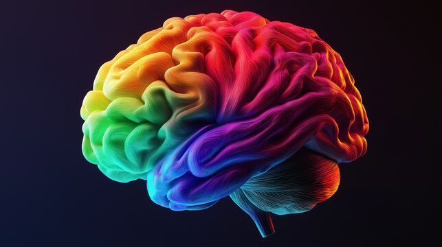 a human brain colored in vibrant rainbow hues, symbolizing creativity, diversity, and mental health