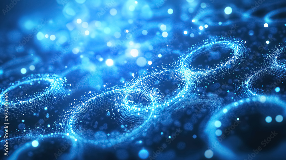 Poster an abstract bright blue background with a pattern of flying circles made of glowing dots and magical