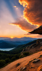 Obraz premium Golden sunset over a panoramic mountain landscape with calm orange skies creating a peaceful atmosphere perfect for capturing nature’s beauty during a relaxing summer evening