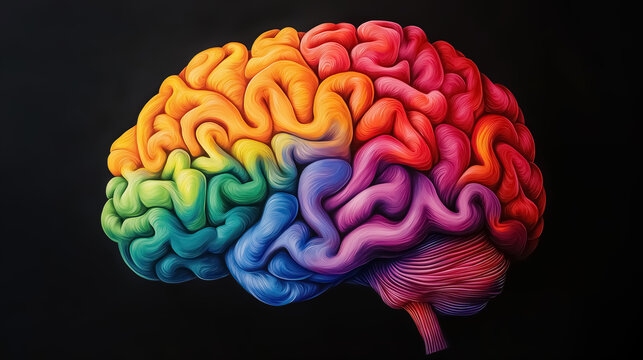 a human brain colored in vibrant rainbow hues, symbolizing creativity, diversity, and mental health
