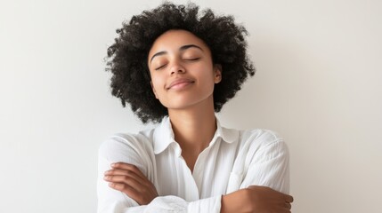 Embracing person with peaceful expression, white background enhancing the theme of self-love and serenity, striking and minimalist