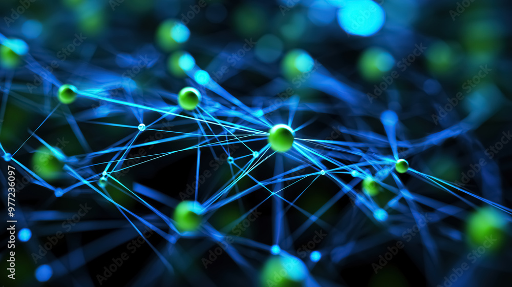 Poster blue and green network lines interconnecting to form a complex and organized network
