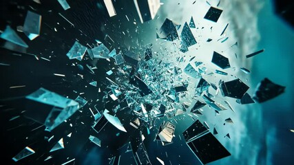 Shattering glass fragments exploding in slow motion